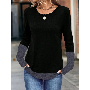 Women Contrast Stitching Long Sleeve Tee T-shirt Crew Neck Casual Spring/Fall Tunic Top