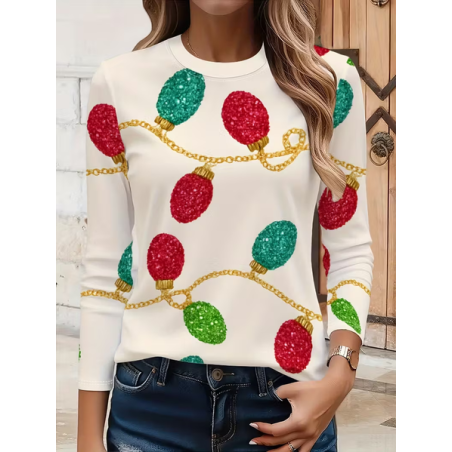 Women Christmas Long Sleeve Tee T-shirt Crew Neck Casual Spring/Fall Tunic Top