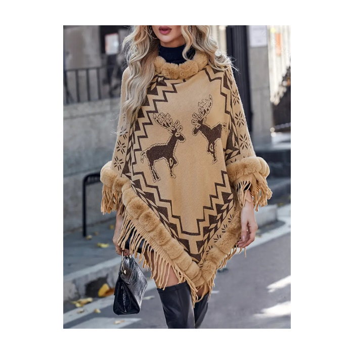 Women's Autumn Outerwear Casual Tassel Tassel Sleeves Geometric Crew Neck Cape Coat