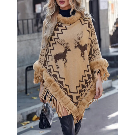 Women's Autumn Outerwear Casual Tassel Tassel Sleeves Geometric Crew Neck Cape Coat