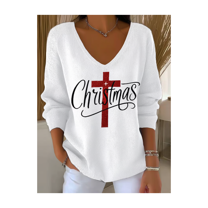 Women Christmas Long Sleeve Tee T-shirt V Neck Printing Casual Spring/Fall Top