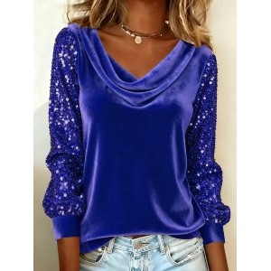 Women Plain Long Sleeve Tee T-shirt Cowl Neck Split Joint Vintage Spring/Fall Top