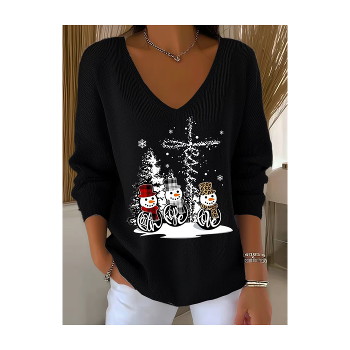 Women Christmas Snowman Long Sleeve Tee T-shirt V Neck Printing Casual Spring/Fall Top