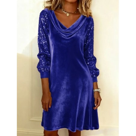 Women Plain Long Sleeve Spring/Fall Split Joint Dress Cowl Neck Daily Sexy Midi Sequin A-Line Dress
