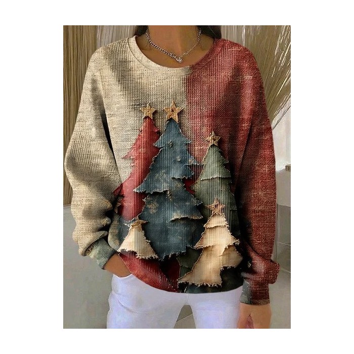 Women Christmas Crew Neck Printing Casual Spring/Fall Long Sleeve Sweatshirt