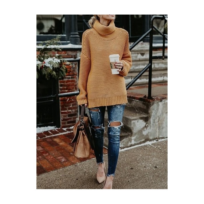 Women Plain Split Joint Winter Street Long Sleeve Turtleneck Sweater