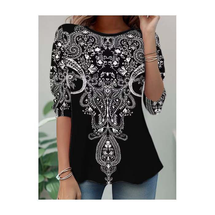 Women Abstract Long Sleeve Tee T-shirt Crew Neck Casual Spring/Fall Tunic Top