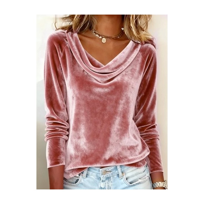 Women Plain Long Sleeve Tee T-shirt Cowl Neck Gathered Vintage Spring/Fall Top