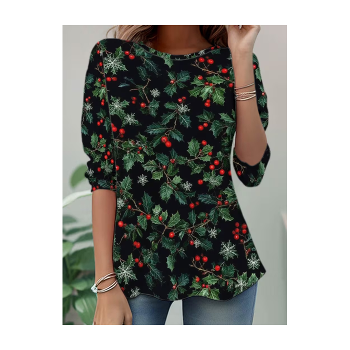 Women Christmas Long Sleeve Tee T-shirt Crew Neck Casual Spring/Fall Tunic Top