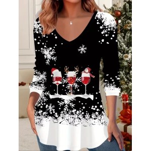 Women Christmas Long Sleeve Tee T-shirt V Neck Printing Casual Spring/Fall Graphic Tee Top