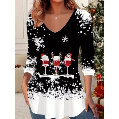 Women Christmas Long Sleeve Tee T-shirt V Neck Printing Casual Spring/Fall Graphic Tee Top