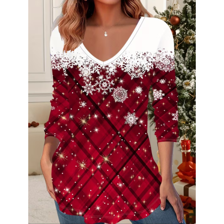 Women Christmas Long Sleeve Tee T-shirt V Neck Printing Casual Spring/Fall Graphic Tee Top