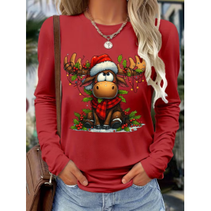 Women Christmas Long Sleeve Tee T-shirt Crew Neck Casual Spring/Fall Tunic Top