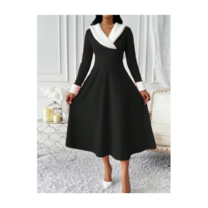 Women Plain Long Sleeve Spring/Fall Split Joint Dress V Neck Holiday Casual Maxi Tank A-Line Dress