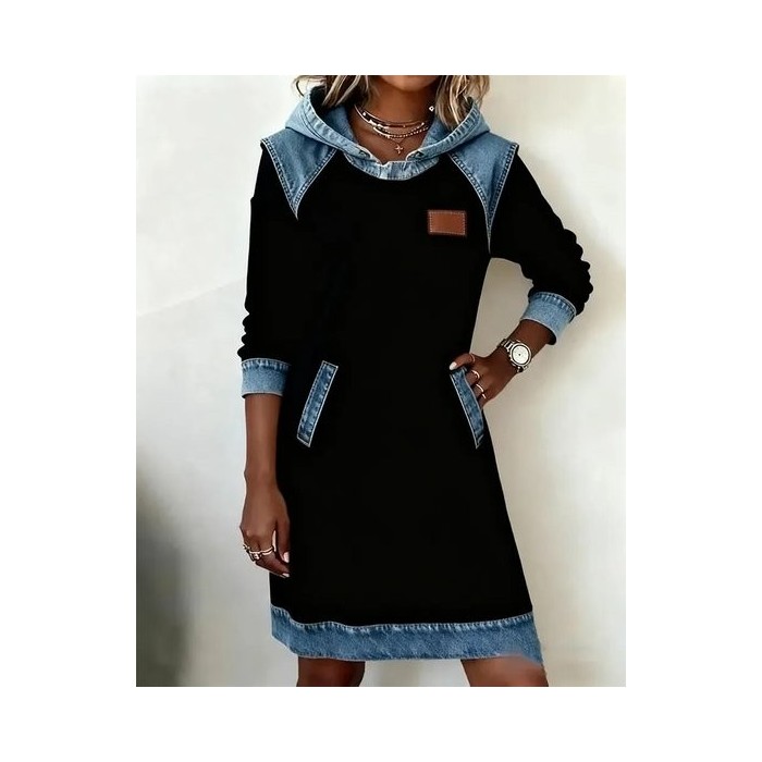 Women Multicolor Block Long Sleeve All Season Dress Hoodie Daily Casual Midi H-Line Dress