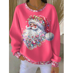 Women Santa Claus Crew Neck Printing Casual Spring/Fall Long Sleeve Sweatshirt