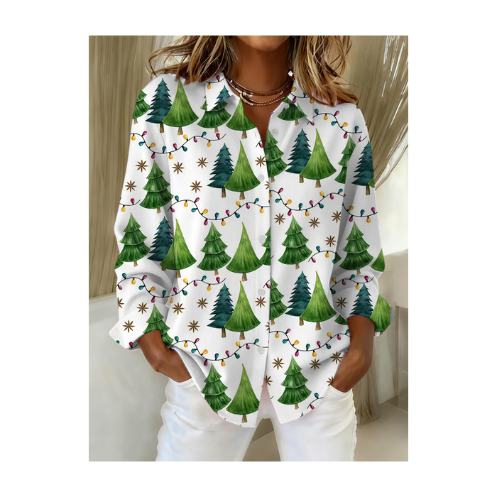 Women Christmas Long Sleeve Shirt Spring/Fall Buckle Shirt Collar Regular Sleeve Daily Casual Top