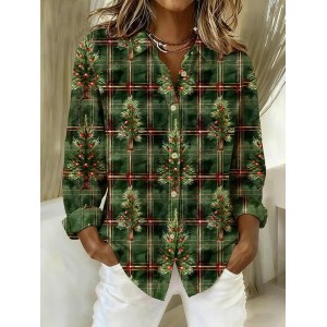 Women Christmas Long Sleeve Shirt Spring/Fall Buckle Shirt Collar Regular Sleeve Daily Casual Top