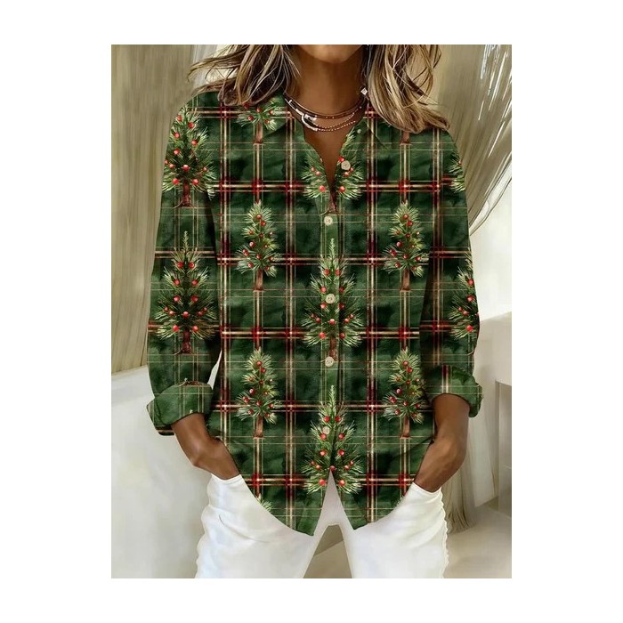 Women Christmas Long Sleeve Shirt Spring/Fall Buckle Shirt Collar Regular Sleeve Daily Casual Top
