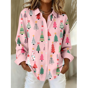 Women Christmas Long Sleeve Shirt Spring/Fall Buckle Shirt Collar Regular Sleeve Daily Casual Top