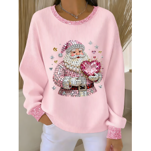Women Santa Claus Crew Neck Printing Casual Spring/Fall Long Sleeve Sweatshirt