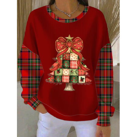 Women Plaid Crew Neck Printing Casual Spring/Fall Long Sleeve Sweatshirt