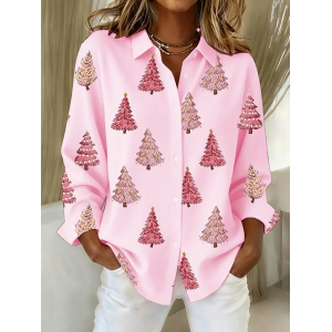 Women Christmas Long Sleeve Shirt Spring/Fall Buckle Shirt Collar Regular Sleeve Daily Casual Top