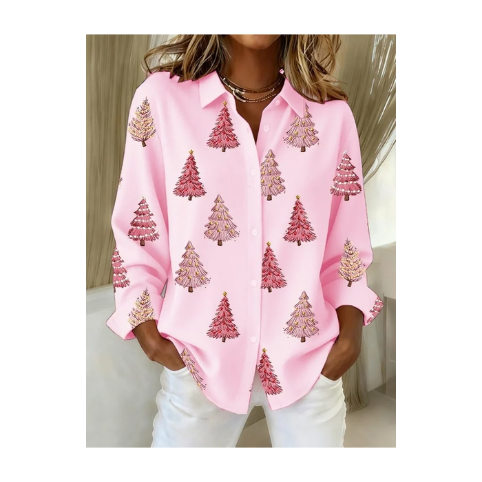 Women Christmas Long Sleeve Shirt Spring/Fall Buckle Shirt Collar Regular Sleeve Daily Casual Top
