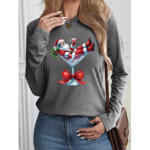 Women Santa Claus Long Sleeve Tee T-shirt Crew Neck Printing Casual Spring/Fall Graphic Tee Top