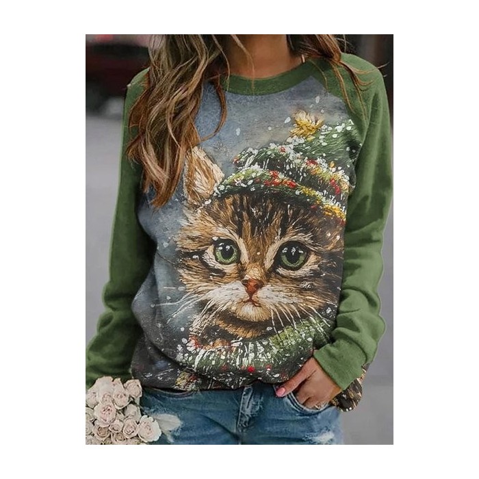 Women Color Block Crew Neck Printing Casual Spring/Fall Long Sleeve Sweatshirt