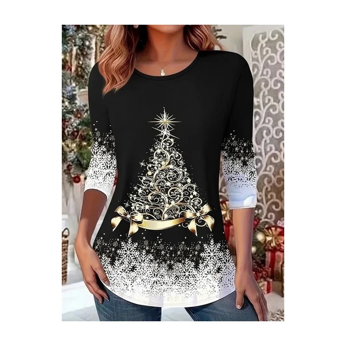 Women Christmas Long Sleeve Tee T-shirt Crew Neck Casual Spring/Fall Tunic Top