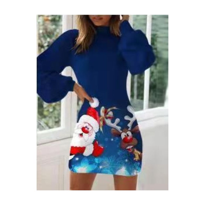 Women Christmas Snowman Long Sleeve Spring/Fall Printing Dress Crew Neck Balloon Sleeve Daily Casual Midi Hip Skirt A-Line Dress