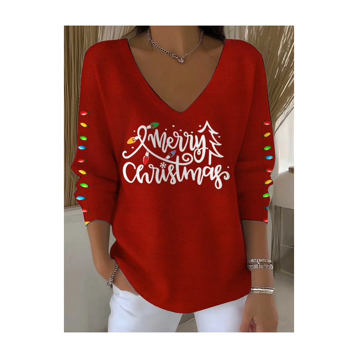 Women Christmas Long Sleeve Tee T-shirt V Neck Printing Casual Spring/Fall Top