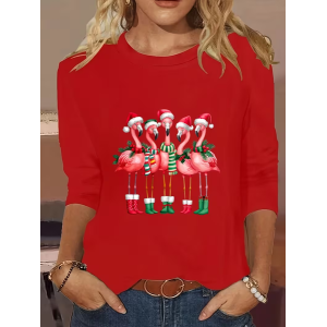 Women Flamingo Long Sleeve Tee T-shirt Crew Neck Printing Casual Spring/Fall Graphic Tee Top