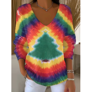 Women Christmas Long Sleeve Tee T-shirt V Neck Printing Casual Spring/Fall Top