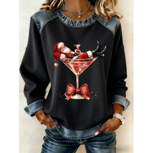 Women Santa Claus Crew Neck Printing Vintage Spring/Fall Long Sleeve Sweatshirt