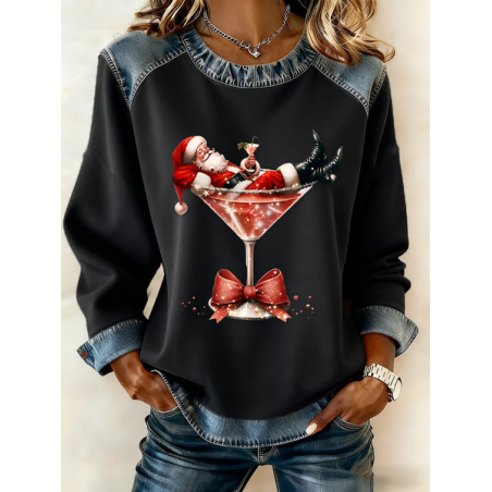 Women Santa Claus Crew Neck Printing Vintage Spring/Fall Long Sleeve Sweatshirt