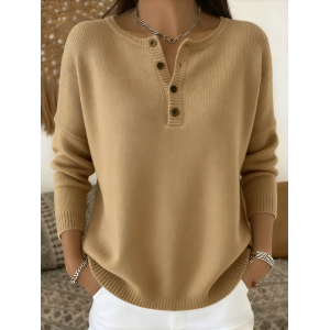 Women Plain Spring/Fall Casual Long Sleeve Henley Collar Cotton Sweater