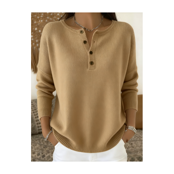 Women Plain Spring/Fall Casual Long Sleeve Henley Collar Cotton Sweater