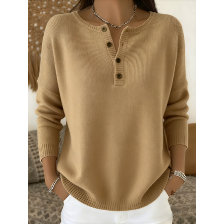 Women Plain Spring/Fall Casual Long Sleeve Henley Collar Cotton Sweater