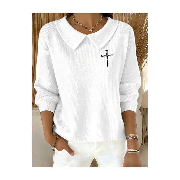 Women Cross Printing Spring/Fall Casual Long Sleeve Shawl Collar Sweater
