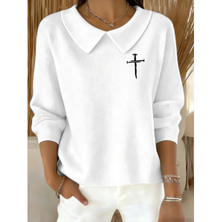 Women Cross Printing Spring/Fall Casual Long Sleeve Shawl Collar Sweater