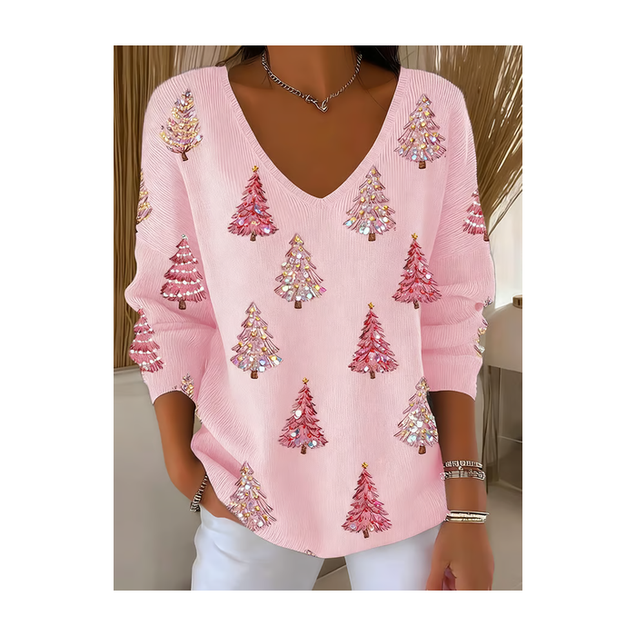 Women Christmas Long Sleeve Tee T-shirt V Neck Printing Casual Spring/Fall Top