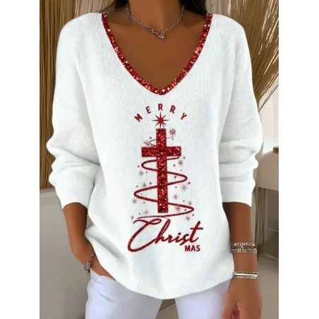 Women Christmas Long Sleeve Tee T-shirt V Neck Printing Casual Spring/Fall Top