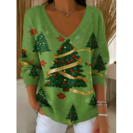 Women Christmas Long Sleeve Tee T-shirt V Neck Printing Casual Spring/Fall Top