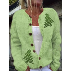 Women Christmas Printing Long Sleeve Crew Neck Vintage Spring/Fall Cardigan Outerwear
