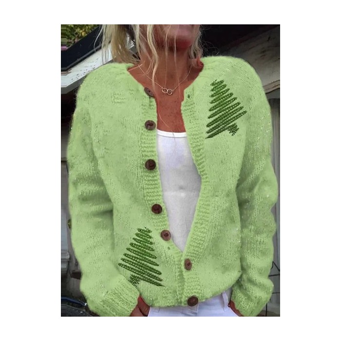 Women Christmas Printing Long Sleeve Crew Neck Vintage Spring/Fall Cardigan Outerwear