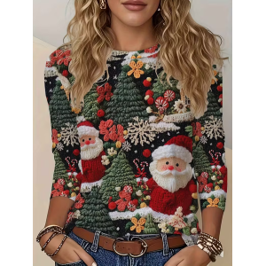Women Santa Claus Long Sleeve Tee T-shirt Crew Neck Printing Casual Spring/Fall Graphic Tee Top