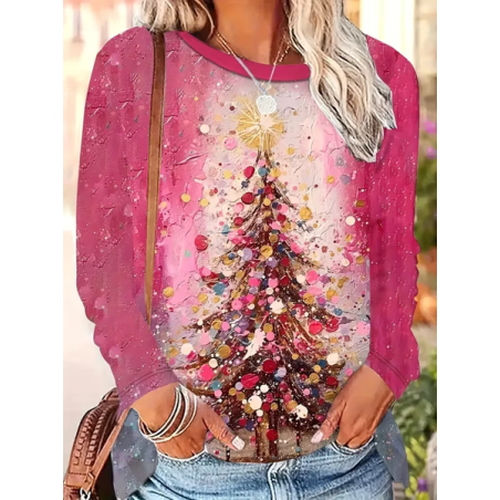 Women Christmas Long Sleeve Tee T-shirt Crew Neck Printing Casual Spring/Fall Graphic Tee Top