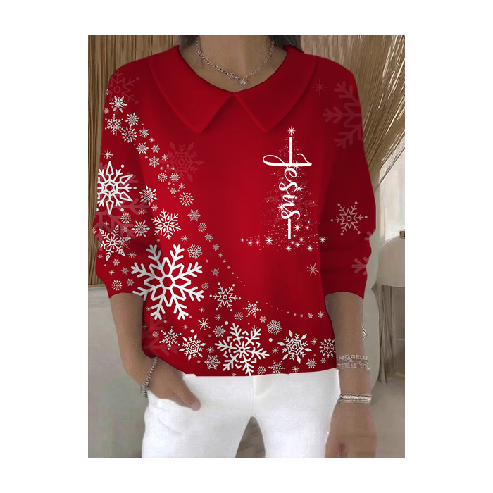 Women Christmas Printing Spring/Fall Casual Long Sleeve Shawl Collar Sweater